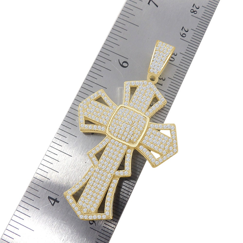 26 + Grams Big 2.5'' Genuine Sterling Silver Simulated Diamond 14K Gold Over Jesus Cross Designer Custom Charm Pendent Chain Set