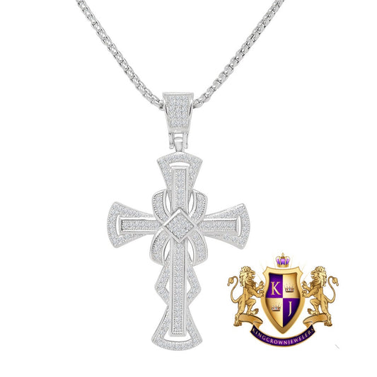 Real Genuine Sterling Silver Simulated Diamond 14K White Gold Over Jesus Cross Designer Custom Charm Pendent Chain Set