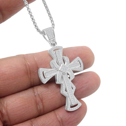 Real Genuine Sterling Silver Simulated Diamond 14K White Gold Over Jesus Cross Designer Custom Charm Pendent Chain Set