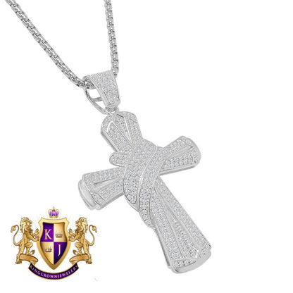 Men's Real Sterling Silver Simulated Diamond 14K White Gold Over Jesus Cross Designer Custom Charm Pendent Chain Set