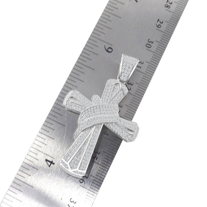 Men's Real Sterling Silver Simulated Diamond 14K White Gold Over Jesus Cross Designer Custom Charm Pendent Chain Set