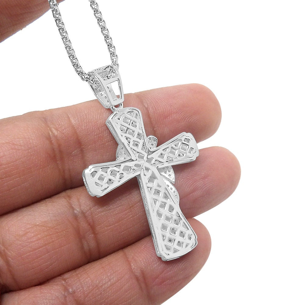 Men's Real Sterling Silver Simulated Diamond 14K White Gold Over Jesus Cross Designer Custom Charm Pendent Chain Set