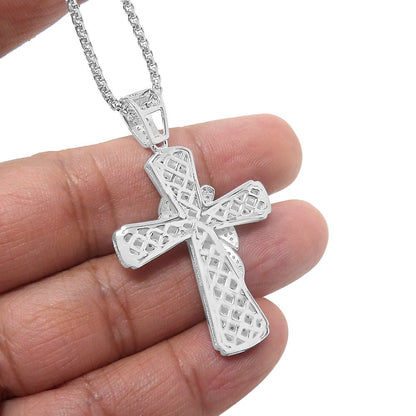 Men's Real Sterling Silver Simulated Diamond 14K White Gold Over Jesus Cross Designer Custom Charm Pendent Chain Set