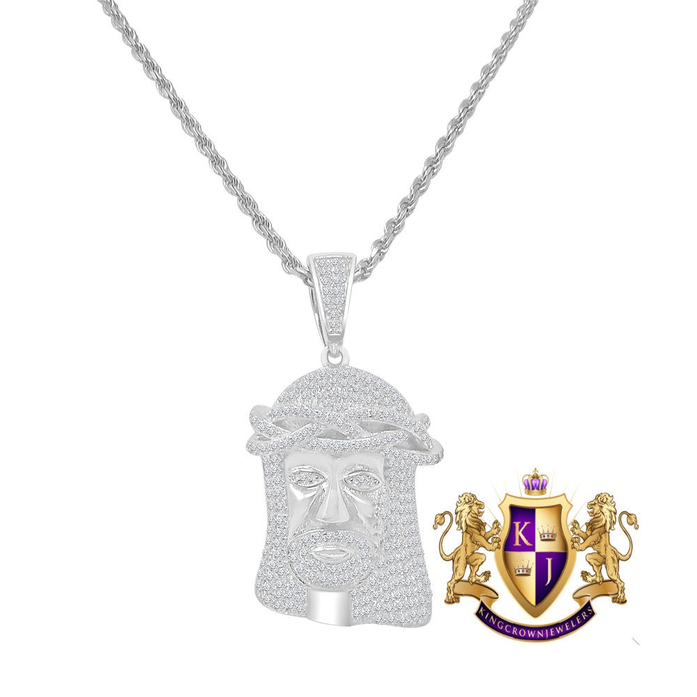 Men's Real Sterling Silver Simulated Diamond 14K White Gold Over Jesus Face Piece Charm Pendent Chain Set