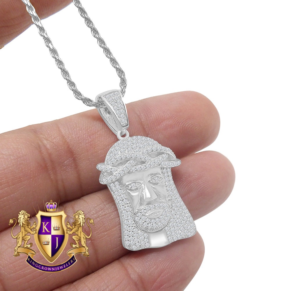 Men's Real Sterling Silver Simulated Diamond 14K White Gold Over Jesus Face Piece Charm Pendent Chain Set