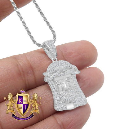 Men's Real Sterling Silver Simulated Diamond 14K White Gold Over Jesus Face Piece Charm Pendent Chain Set