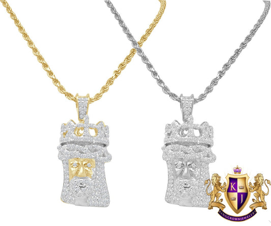 Small Mini 1.25'' Genuine Sterling Silver Simulated Diamond 14K Gold Over Jesus Face Crown Custom Charm Pendent Chain Set
