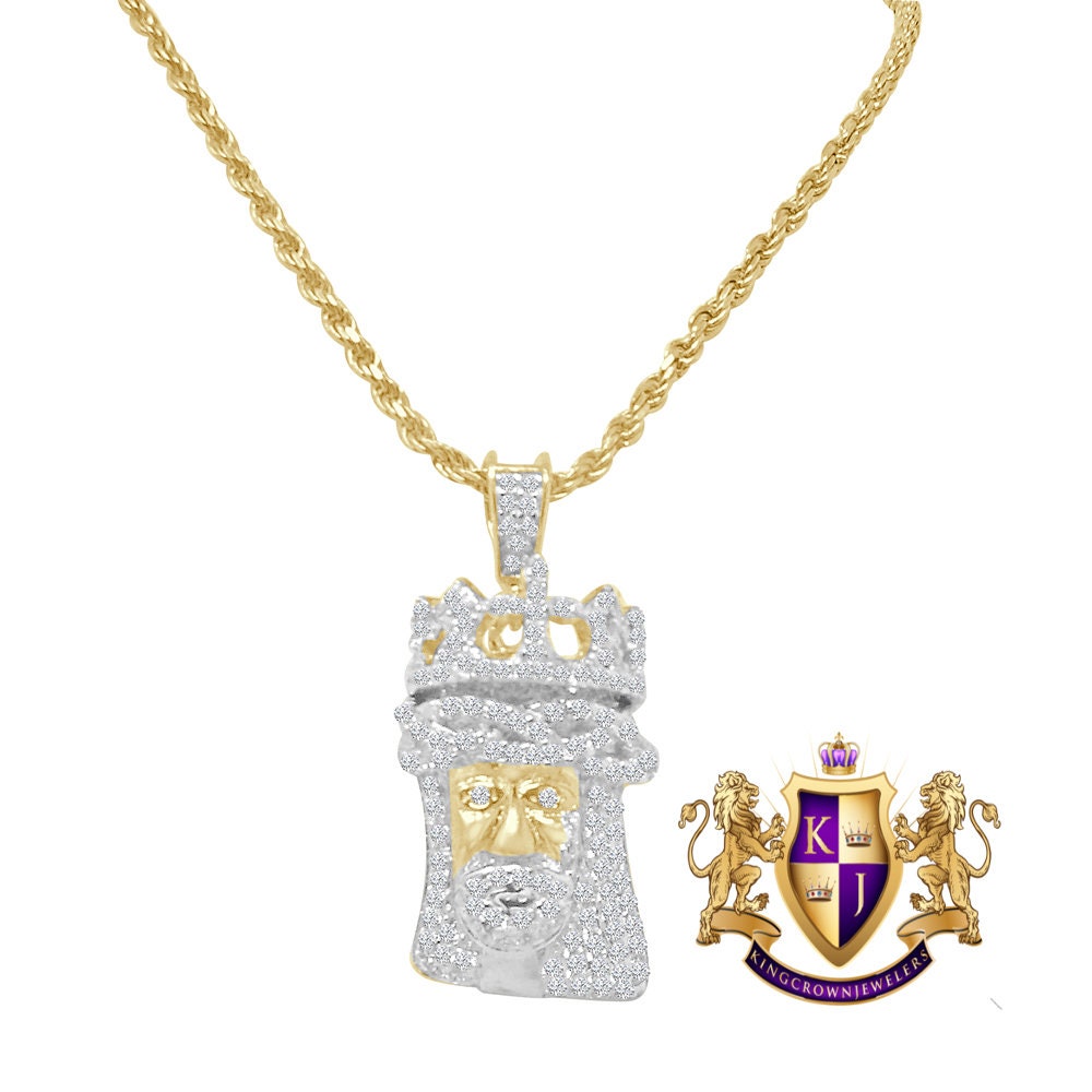 Small Mini 1.25'' Genuine Sterling Silver Simulated Diamond 14K Gold Over Jesus Face Crown Custom Charm Pendent Chain Set