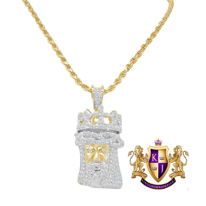 Small Mini 1.25'' Genuine Sterling Silver Simulated Diamond 14K Gold Over Jesus Face Crown Custom Charm Pendent Chain Set