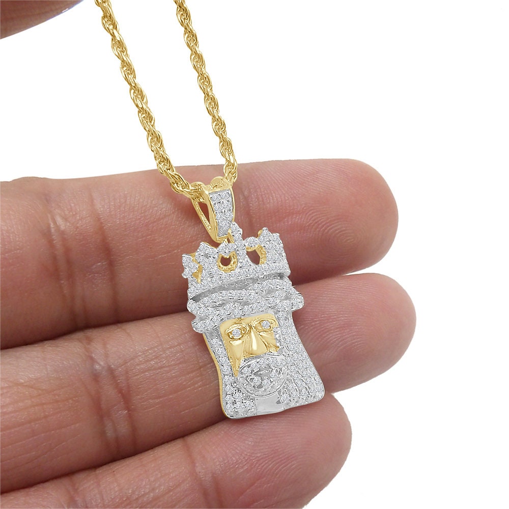 Small Mini 1.25'' Genuine Sterling Silver Simulated Diamond 14K Gold Over Jesus Face Crown Custom Charm Pendent Chain Set