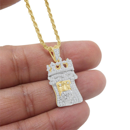 Small Mini 1.25'' Genuine Sterling Silver Simulated Diamond 14K Gold Over Jesus Face Crown Custom Charm Pendent Chain Set