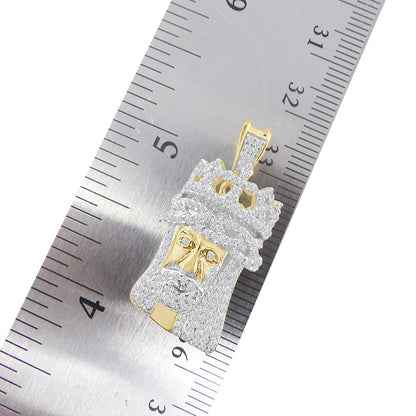 Small Mini 1.25'' Genuine Sterling Silver Simulated Diamond 14K Gold Over Jesus Face Crown Custom Charm Pendent Chain Set