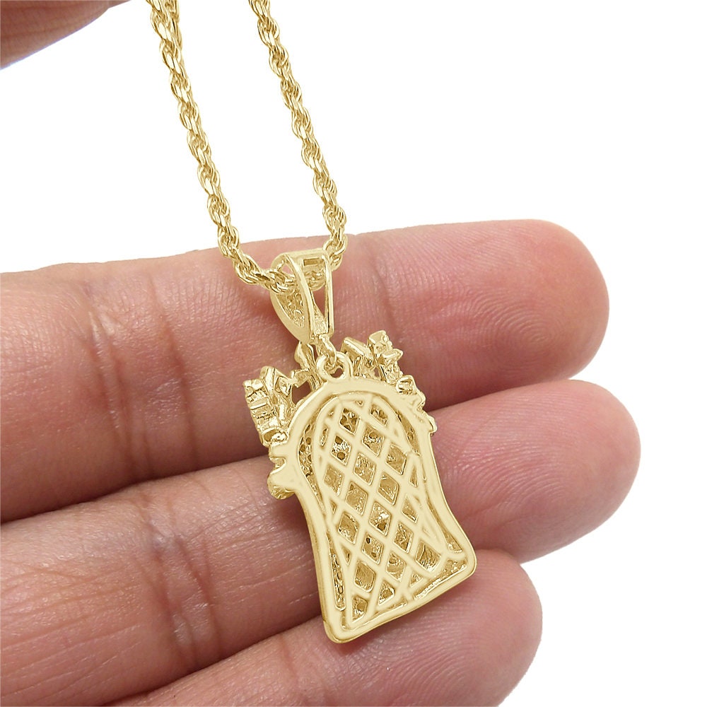 Small Mini 1.25'' Genuine Sterling Silver Simulated Diamond 14K Gold Over Jesus Face Crown Custom Charm Pendent Chain Set