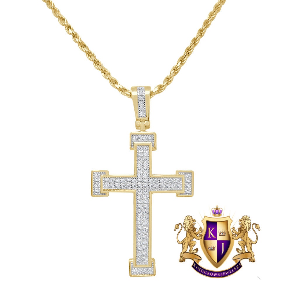 Small 1.75'' Genuine Sterling Silver Simulated Diamond 14K Gold Over Jesus Face Charm Pendent Chain Set
