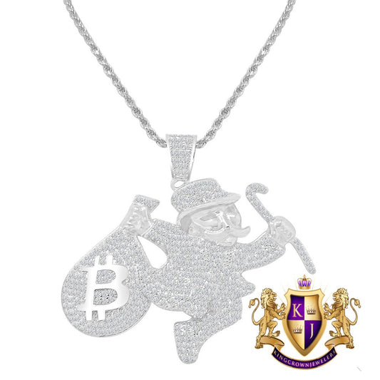25 + Grams 14K White Gold On Genuine Sterling Silver Diamond Money Man Dollar Bag Custom Designer Charm Bitcoin Pendent Chain