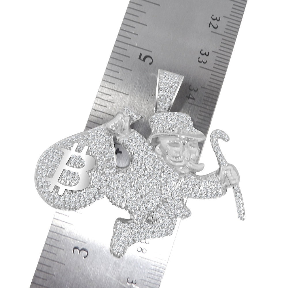 25 + Grams 14K White Gold On Genuine Sterling Silver Diamond Money Man Dollar Bag Custom Designer Charm Bitcoin Pendent Chain
