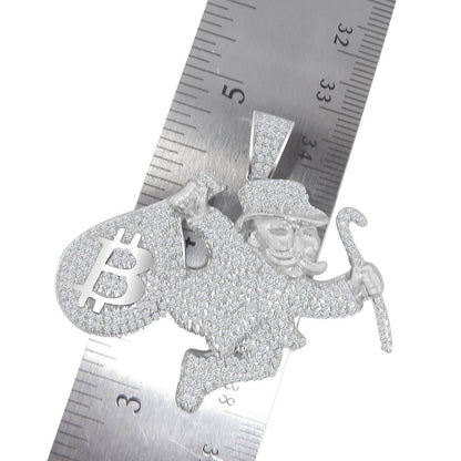 25 + Grams 14K White Gold On Genuine Sterling Silver Diamond Money Man Dollar Bag Custom Designer Charm Bitcoin Pendent Chain