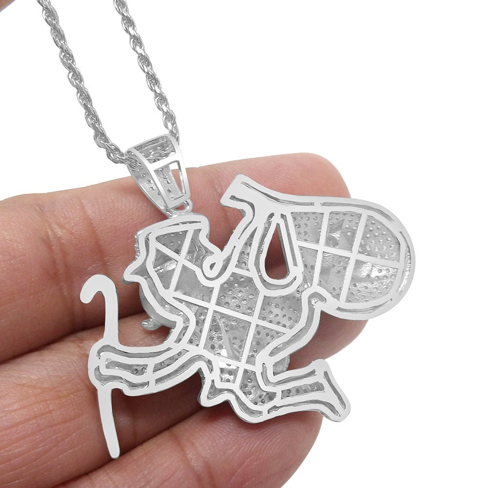 25 + Grams 14K White Gold On Genuine Sterling Silver Diamond Money Man Dollar Bag Custom Designer Charm Bitcoin Pendent Chain