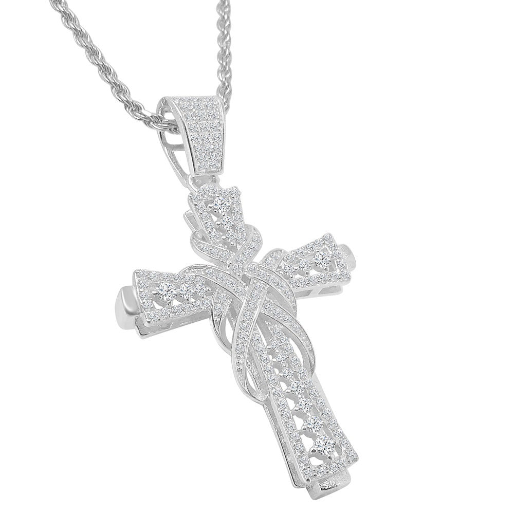 Men's Real Sterling Silver Simulated Diamond 14K White Gold Over Jesus Cross Piece Charm Pendent Chain Set Mini 1.90''
