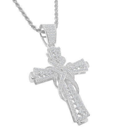 Men's Real Sterling Silver Simulated Diamond 14K White Gold Over Jesus Cross Piece Charm Pendent Chain Set Mini 1.90''