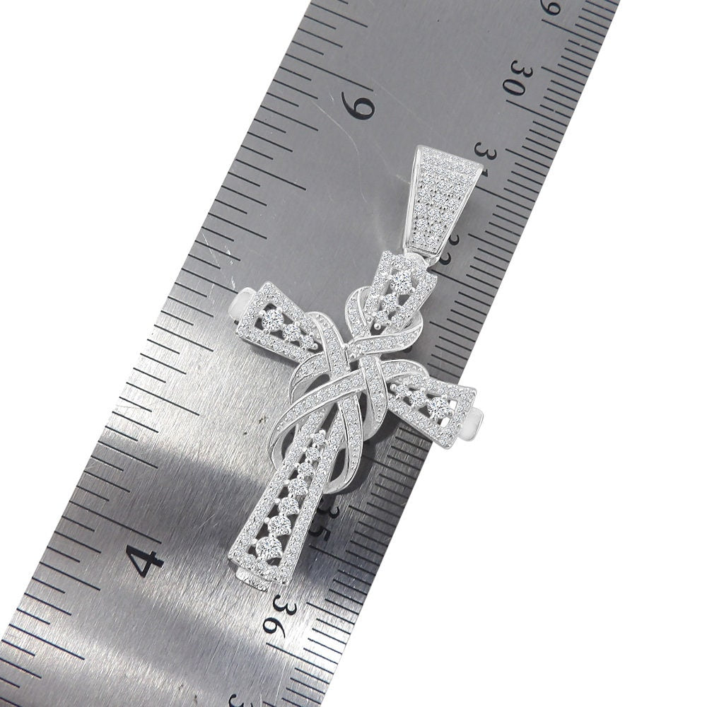 Men's Real Sterling Silver Simulated Diamond 14K White Gold Over Jesus Cross Piece Charm Pendent Chain Set Mini 1.90''