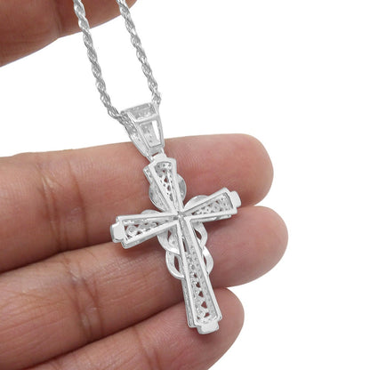 Men's Real Sterling Silver Simulated Diamond 14K White Gold Over Jesus Cross Piece Charm Pendent Chain Set Mini 1.90''