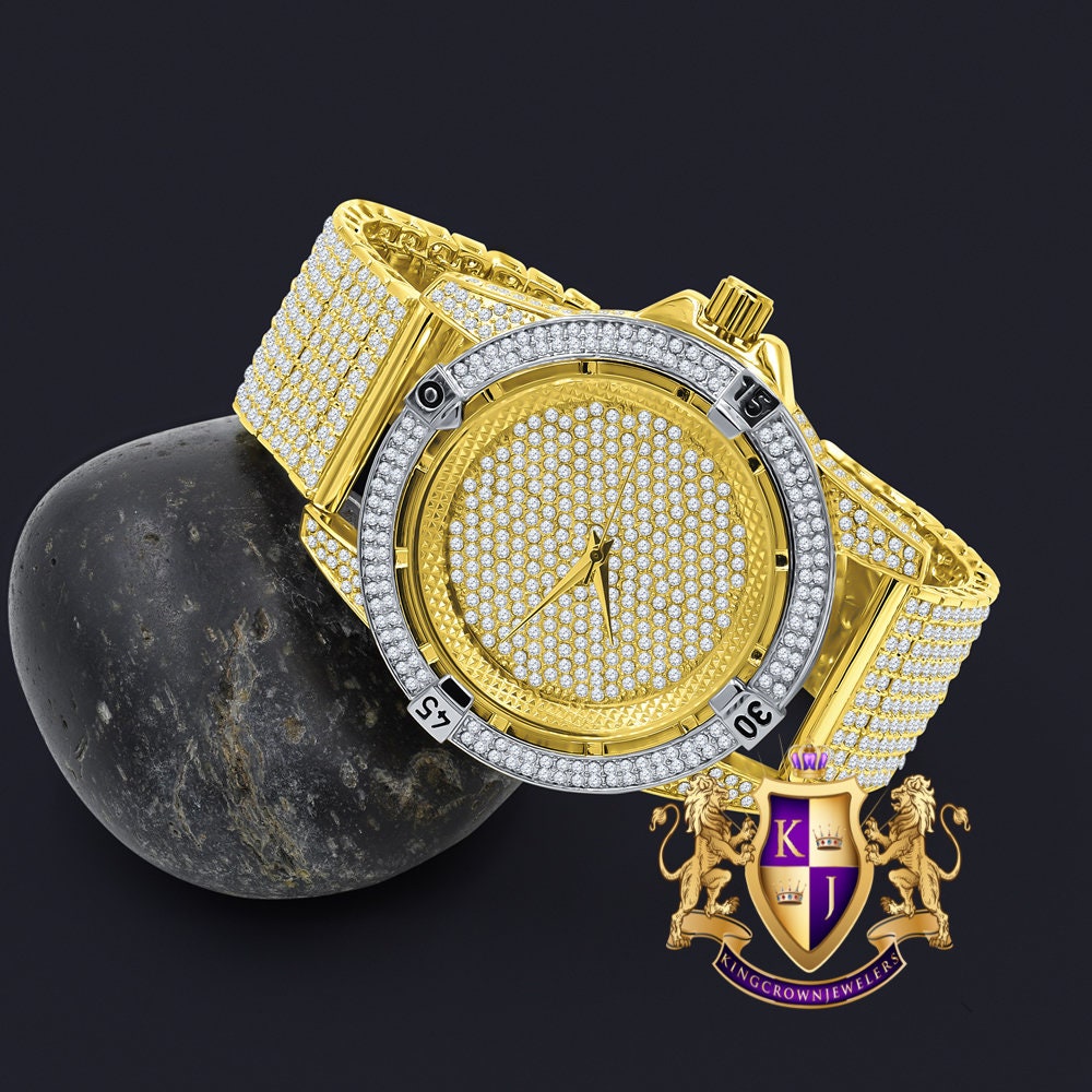 Men's Fully Iced 18k 2 Tone Gold Finish Simulated Diamond 10 Row Custom Band Luxury Watch 44mm