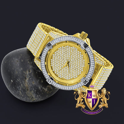 Men's Fully Iced 18k 2 Tone Gold Finish Simulated Diamond 10 Row Custom Band Luxury Watch 44mm