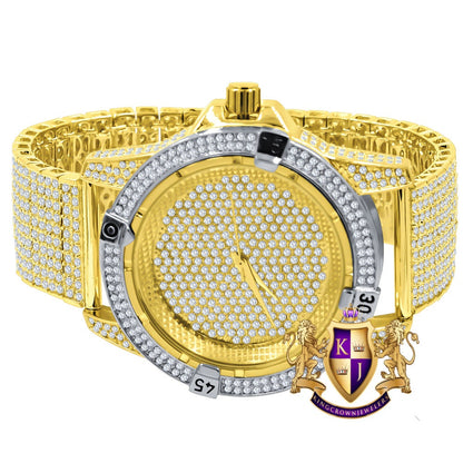 Men's Fully Iced 18k 2 Tone Gold Finish Simulated Diamond 10 Row Custom Band Luxury Watch 44mm