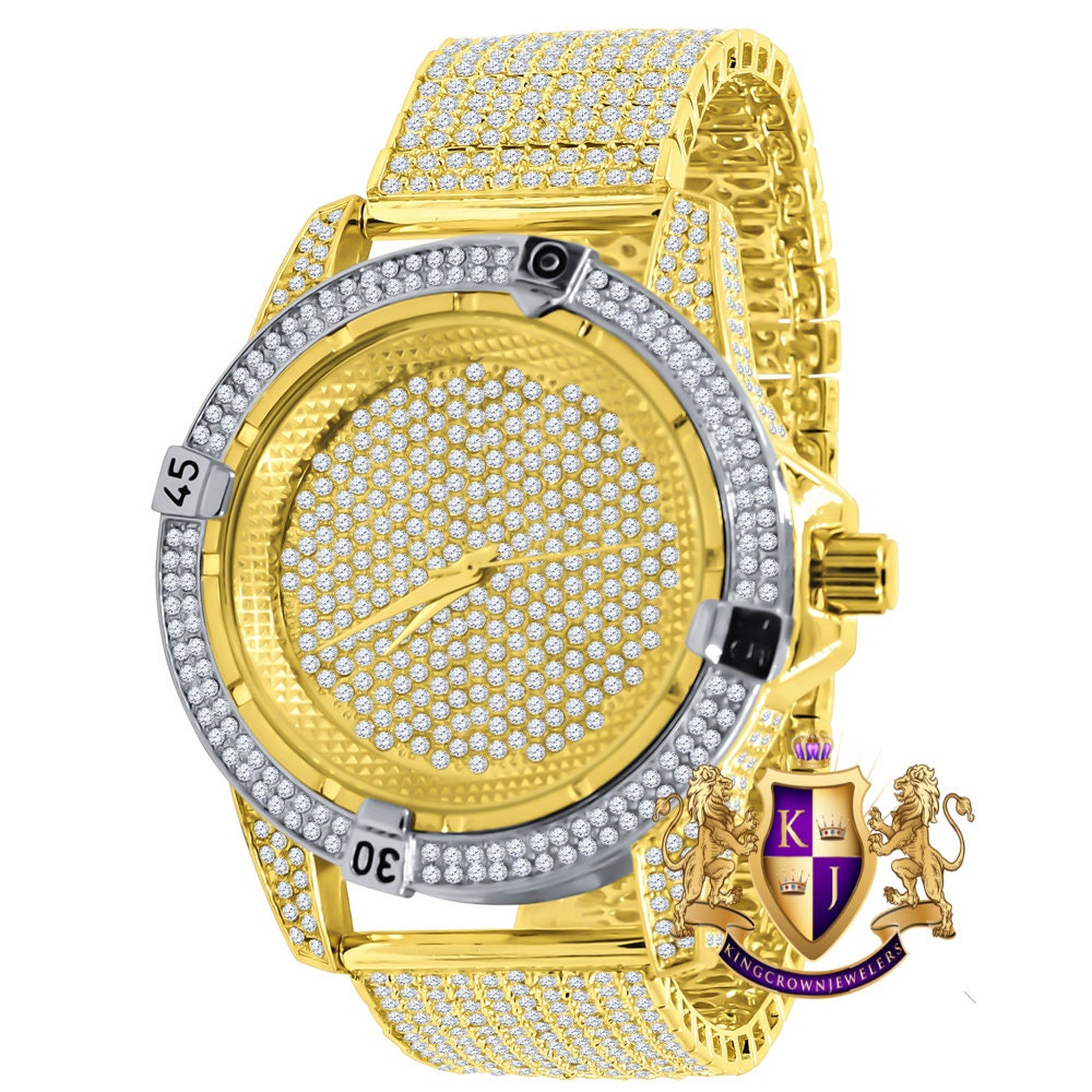 Men's Fully Iced 18k 2 Tone Gold Finish Simulated Diamond 10 Row Custom Band Luxury Watch 44mm