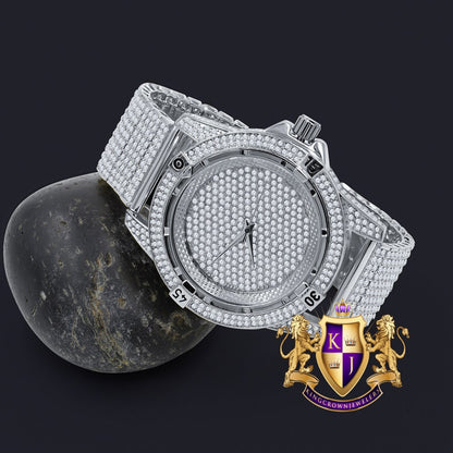 Men's Fully Iced 18k White Gold Finish Simulated Diamond 10 Row Custom Band Luxury Watch 44mm