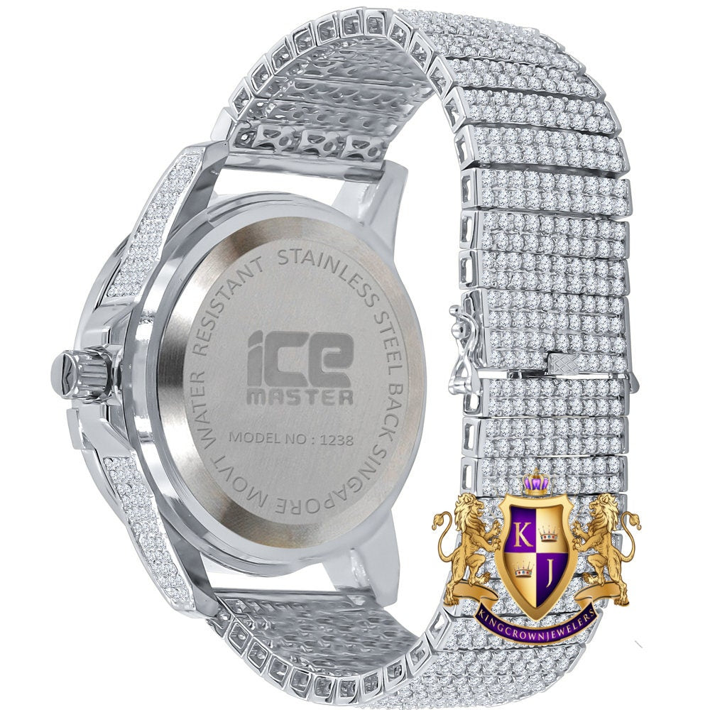Men's Fully Iced 18k White Gold Finish Simulated Diamond 10 Row Custom Band Luxury Watch 44mm