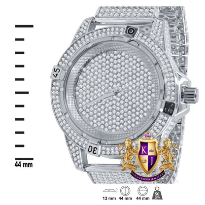 Men's Fully Iced 18k White Gold Finish Simulated Diamond 10 Row Custom Band Luxury Watch 44mm