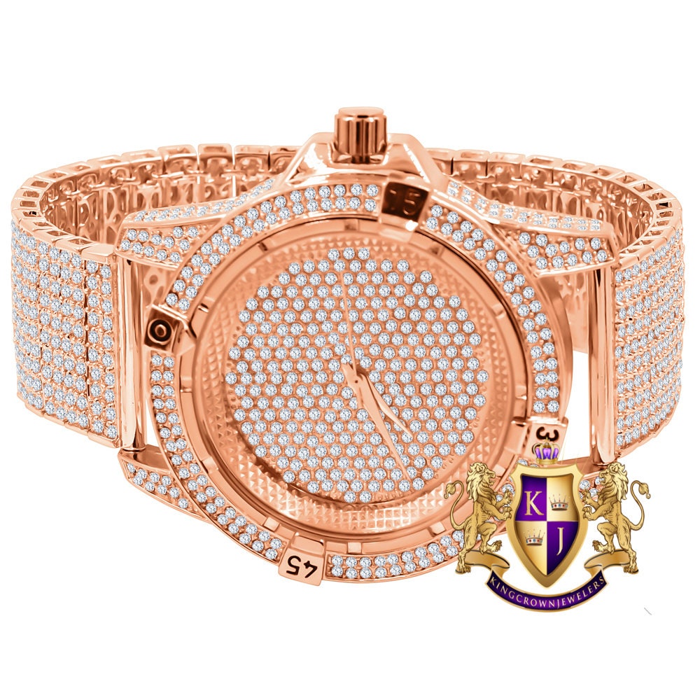 Men's Fully Iced 18k Rose Gold Finish Simulated Diamond 10 Row Custom Band Luxury Watch 44mm
