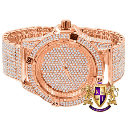 Men's Fully Iced 18k Rose Gold Finish Simulated Diamond 10 Row Custom Band Luxury Watch 44mm