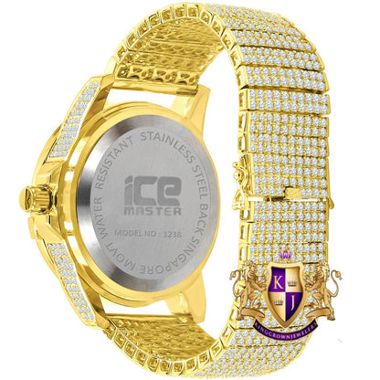 Men's Fully Iced 18k Yellow Gold Finish Simulated Diamond 10 Row Custom Band Luxury Watch 44mm
