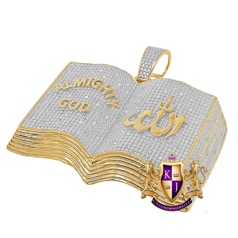 Men's Real Genuine Authentic Diamond 23+ Grams Holy Book Allah Muslim Islamic Arabic Custom Pendant 10K Solid Gold Over "Almighty God" Charm