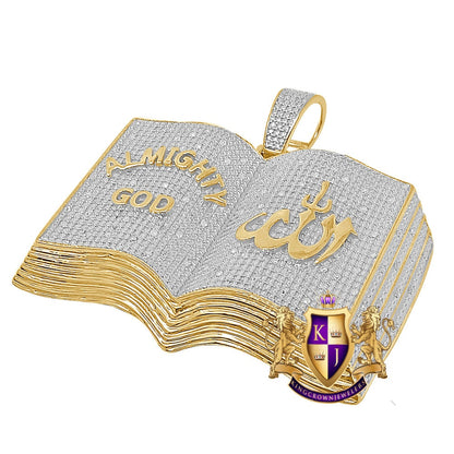 Men's Real Genuine Authentic Diamond 23+ Grams Holy Book Allah Muslim Islamic Arabic Custom Pendant 10K Solid Gold Over "Almighty God" Charm