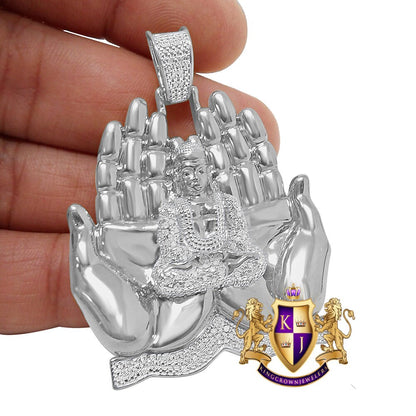 Men's Real Genuine Diamond 23 + Grams Gautama Buddha Praying Hands Exlusive Custom Pendant 10K Gold Over Meditation Charm 2.25''