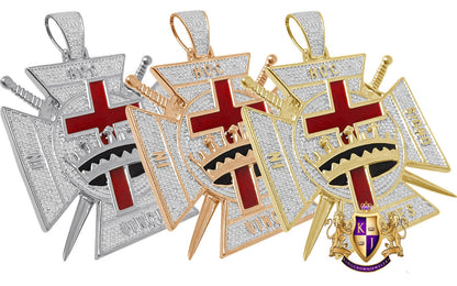 Men's Real Genuine Diamond 23 + Grams 10K Gold Over Enamel Knights Templar Masonic Exclusive Custom Charm Pendent 2.25''