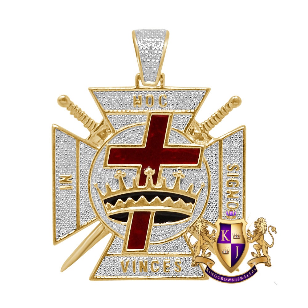 Men's Real Genuine Diamond 23 + Grams 10K Gold Over Enamel Knights Templar Masonic Exclusive Custom Charm Pendent 2.25''