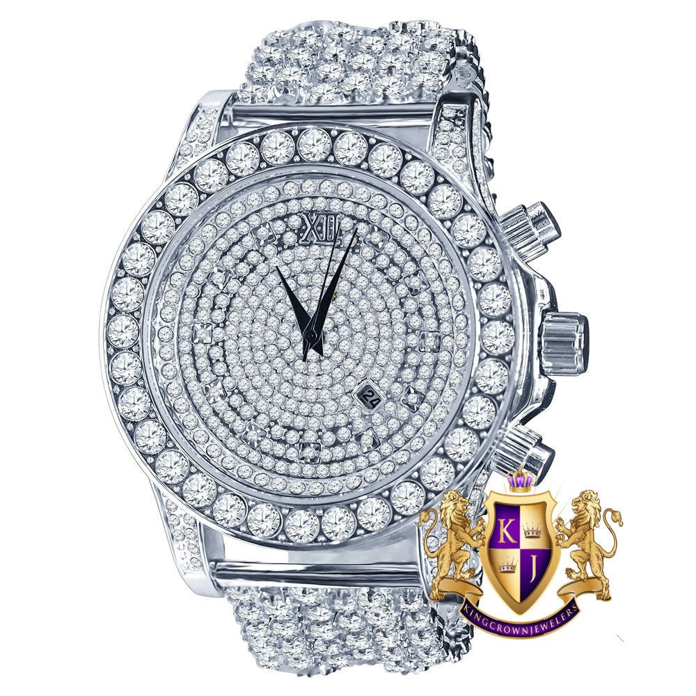 Fully Iced 18k White Gold Finish Simulated Diamond Custom Band Men's Luxury Watch 48mm W/Date