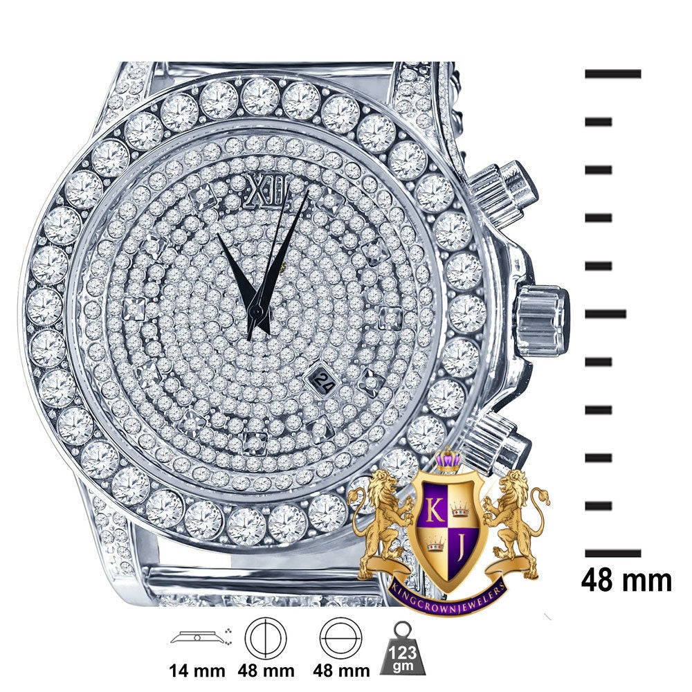 Fully Iced 18k White Gold Finish Simulated Diamond Custom Band Men's Luxury Watch 48mm W/Date