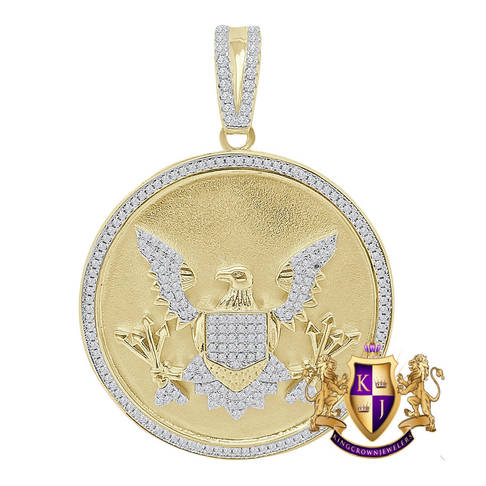 28 + Grams Real Sterling Silver Simulated Diamond Seal of US President American Eagle Pendant Charm Medallion 10K Gold Over Big XL 2.40''