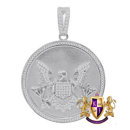 28 + Grams Real Sterling Silver Simulated Diamond Seal of US President American Eagle Pendant Charm Medallion 10K Gold Over Big XL 2.40''