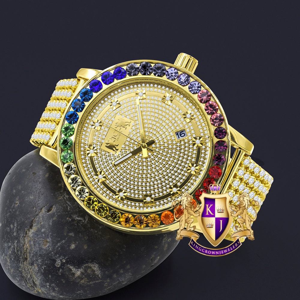Exclusive Custom Time Piece Multi Rainbow Gold Tone Real Diamond Dial Solitaire Men's Watch XL 55mm W/Date