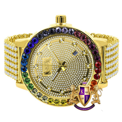 Exclusive Custom Time Piece Multi Rainbow Gold Tone Real Diamond Dial Solitaire Men's Watch XL 55mm W/Date