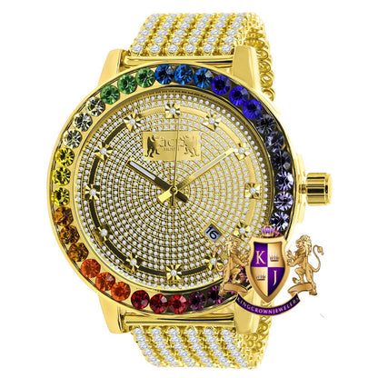 Exclusive Custom Time Piece Multi Rainbow Gold Tone Real Diamond Dial Solitaire Men's Watch XL 55mm W/Date