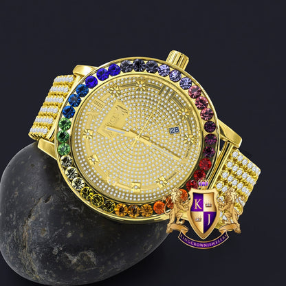 Roman Face Exclusive Custom Time Piece Multi Rainbow Gold Tone Real Diamond Dial Solitaire Men's Watch XL 55mm W/Date