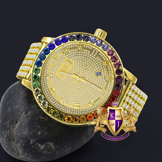 Roman Face Exclusive Custom Time Piece Multi Rainbow Gold Tone Real Diamond Dial Solitaire Men's Watch XL 55mm W/Date